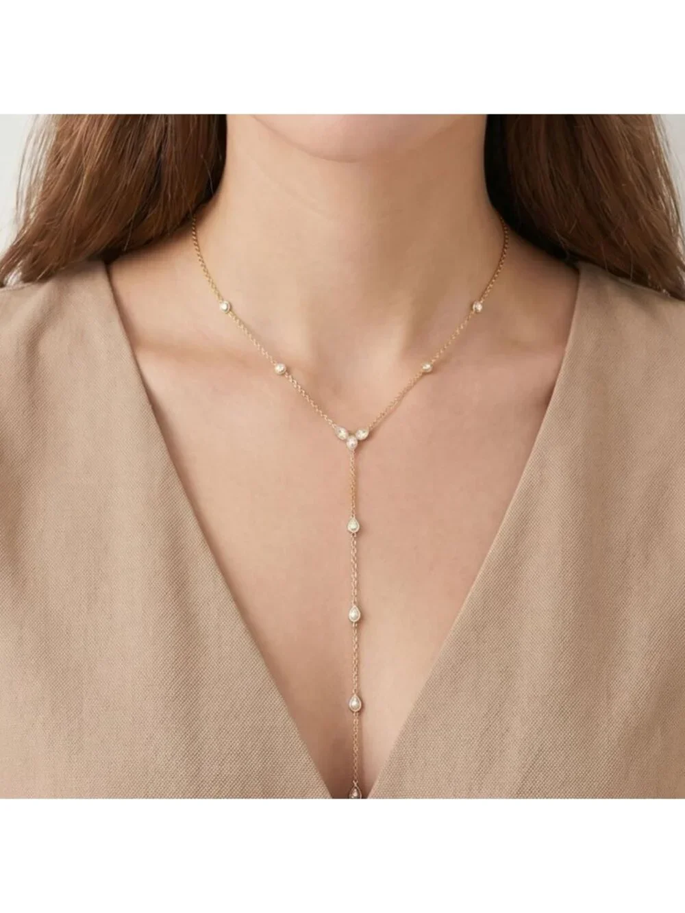 Dainty Gold Lariat Necklace - Waterproof Long Drop Chain with Cubic Zirconia